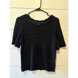 GAP Women Black Crochet Knit Short Sleeve Sweater Top Pointelle Cotton Small
